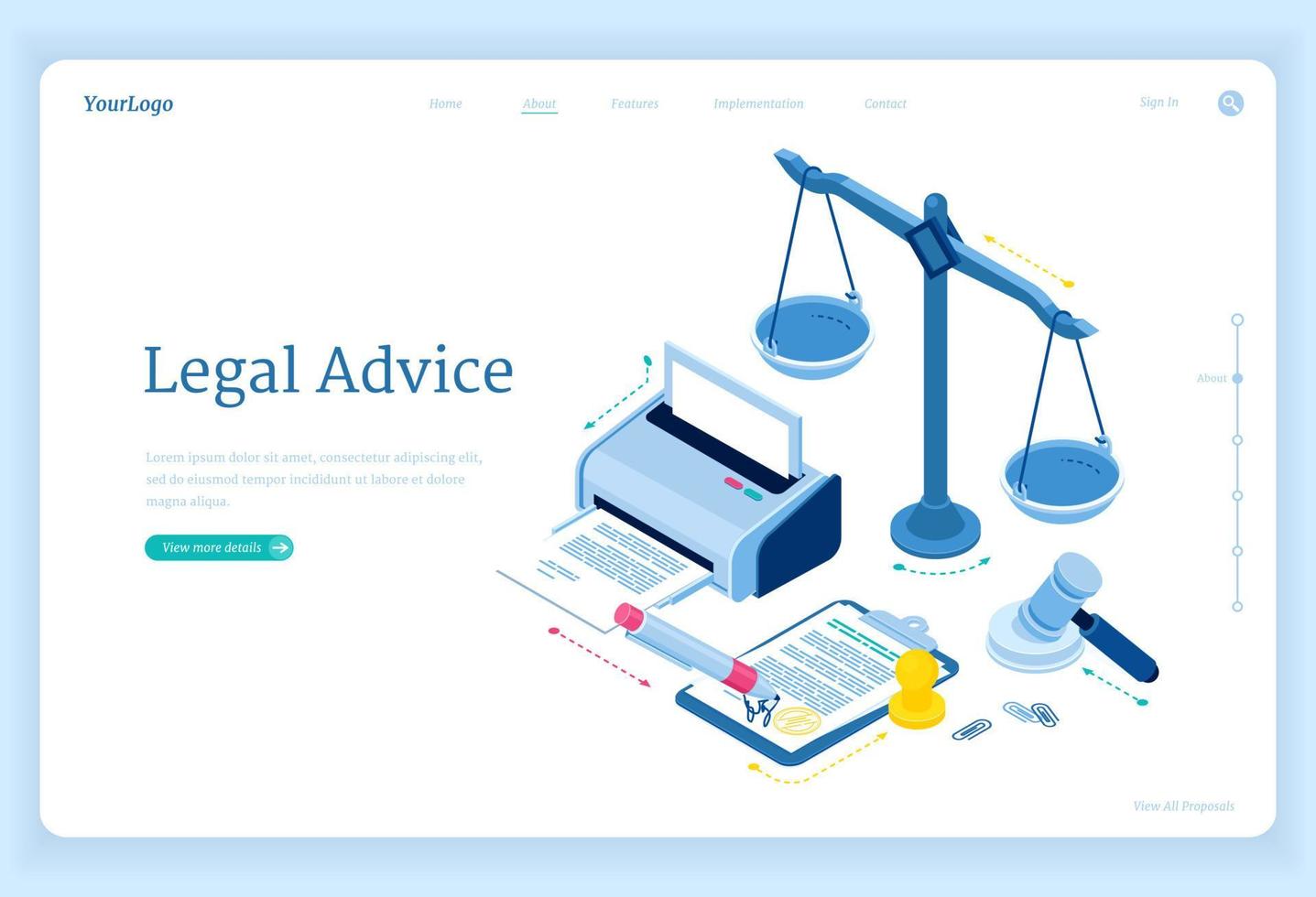 Legal advice isometric landing, lawyer assistance vector