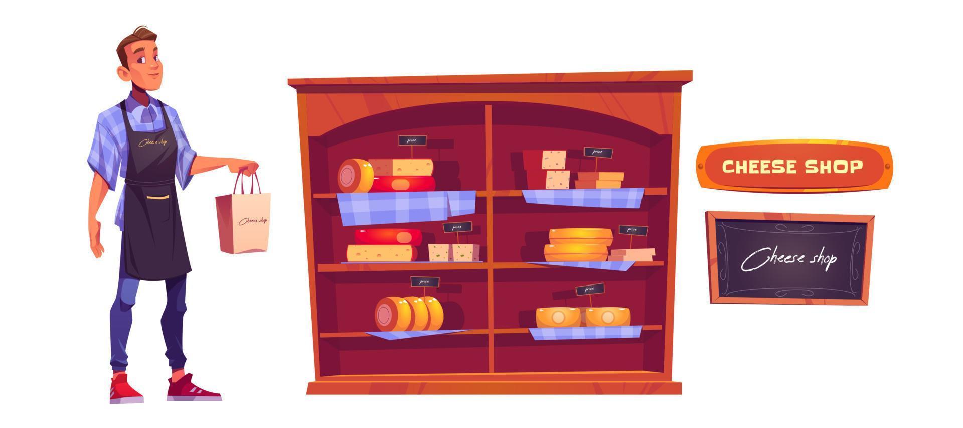 Seller, cheese on shelves and store signboard vector