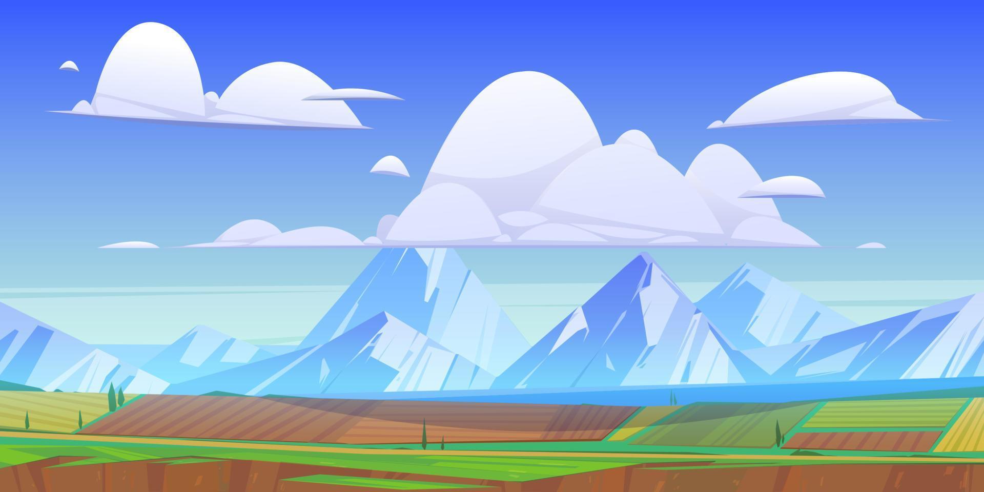 Mountain landscape with green meadows and fields vector