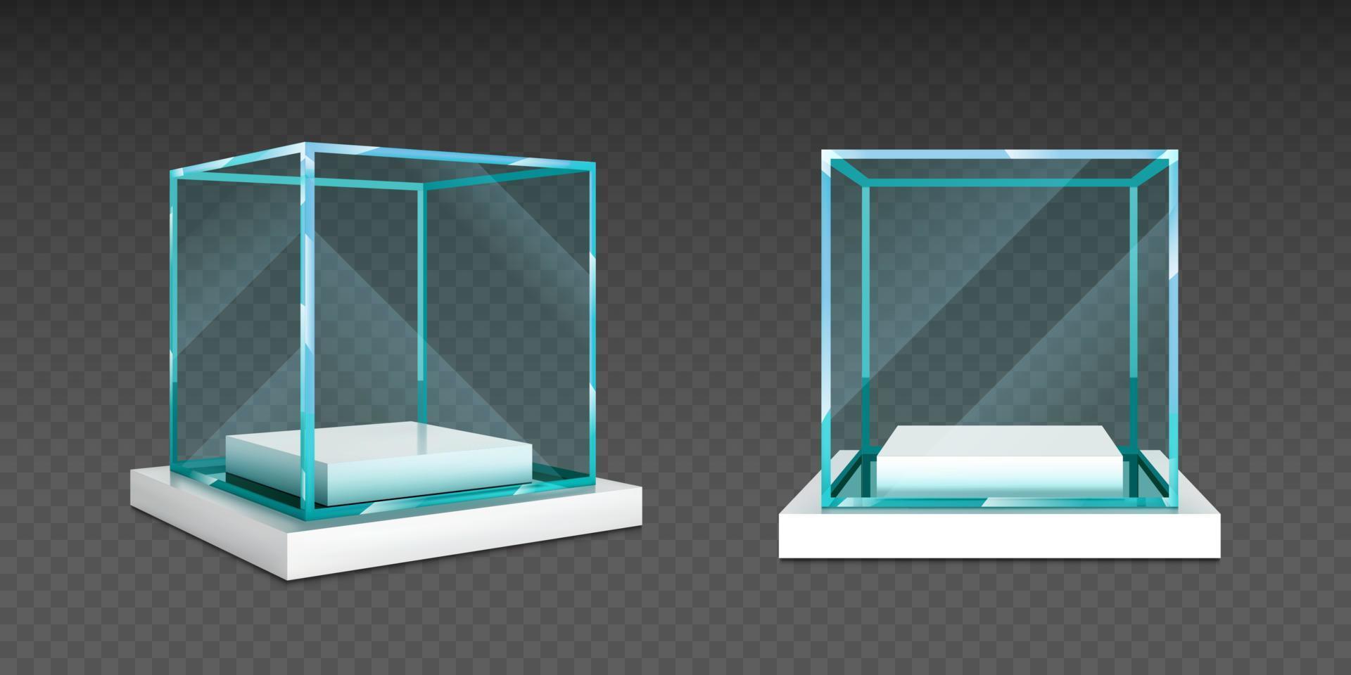 Glass cube box on white stand for exhibit vector