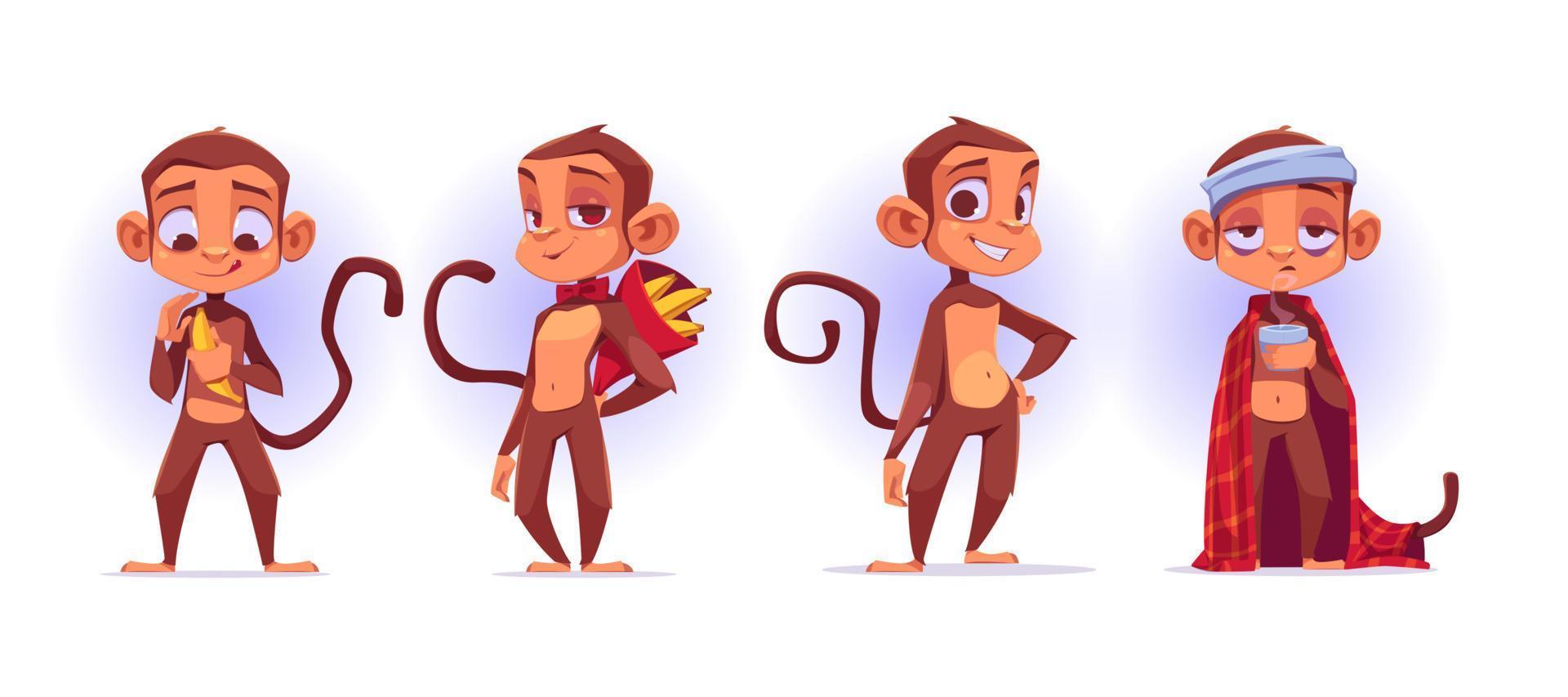 Monkey cartoon characters, cute ape mascots set vector