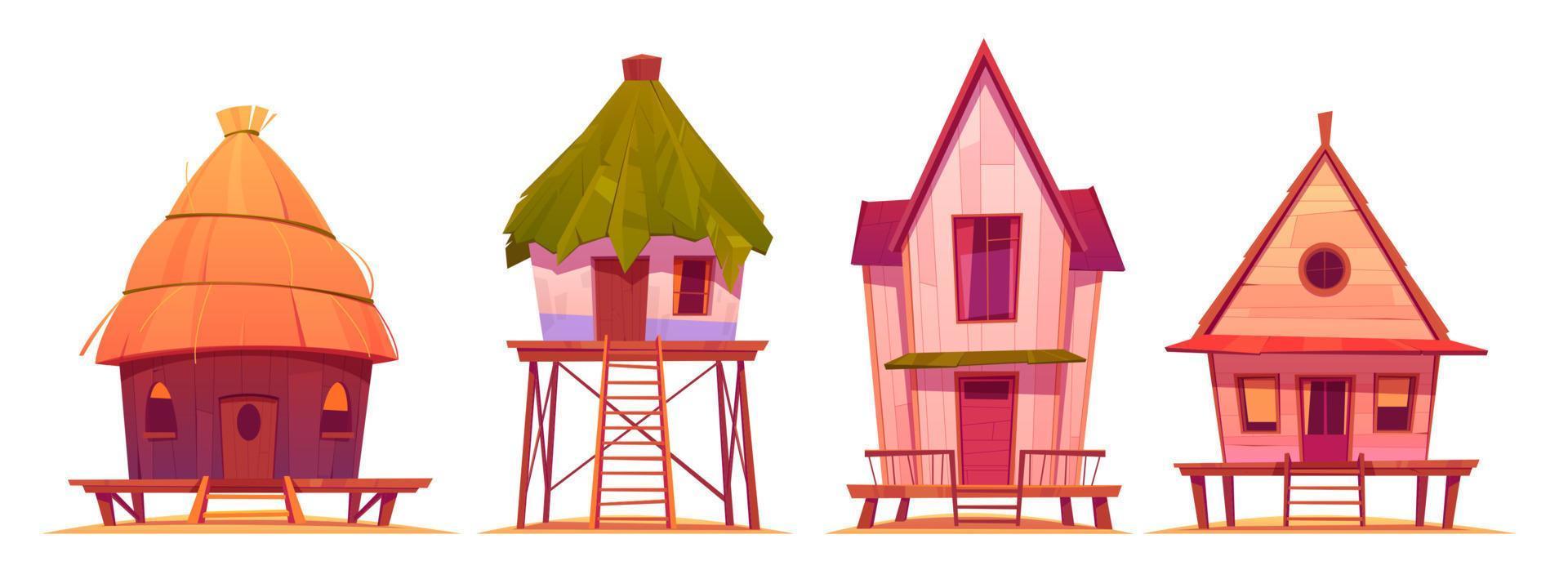 Summer stilt houses, bungalows on sea beach vector