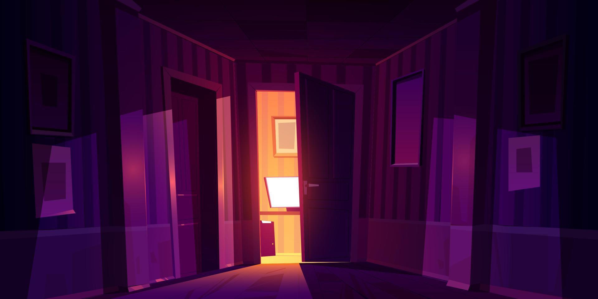 Night home corridor with open door to room with pc vector