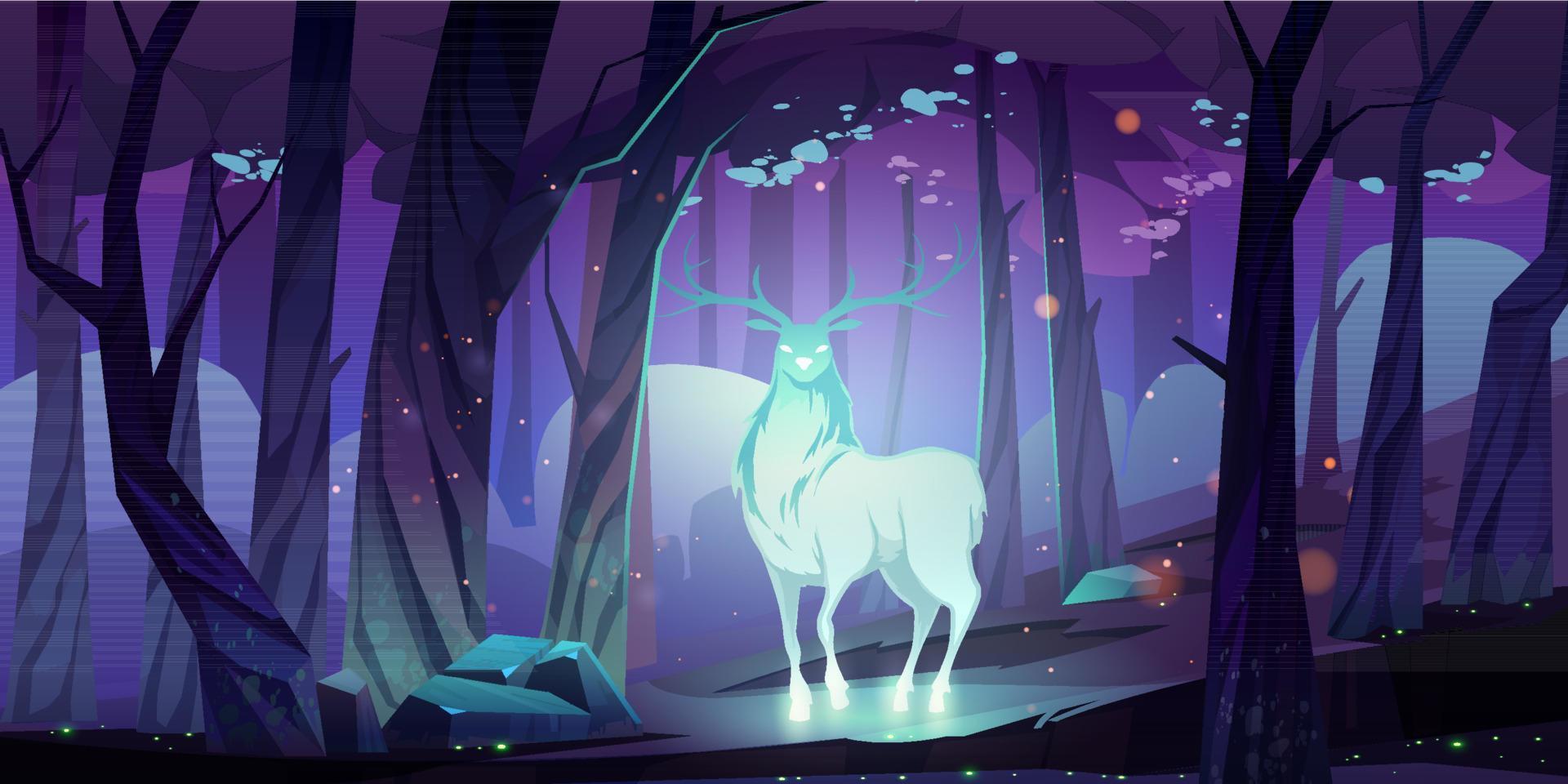 Mystical glowing deer in forest at night vector