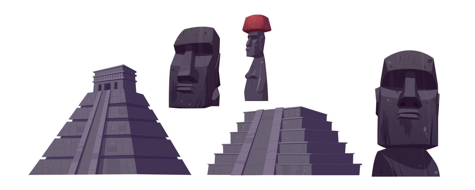 antiguas pirámides mayas y estatuas moai vector