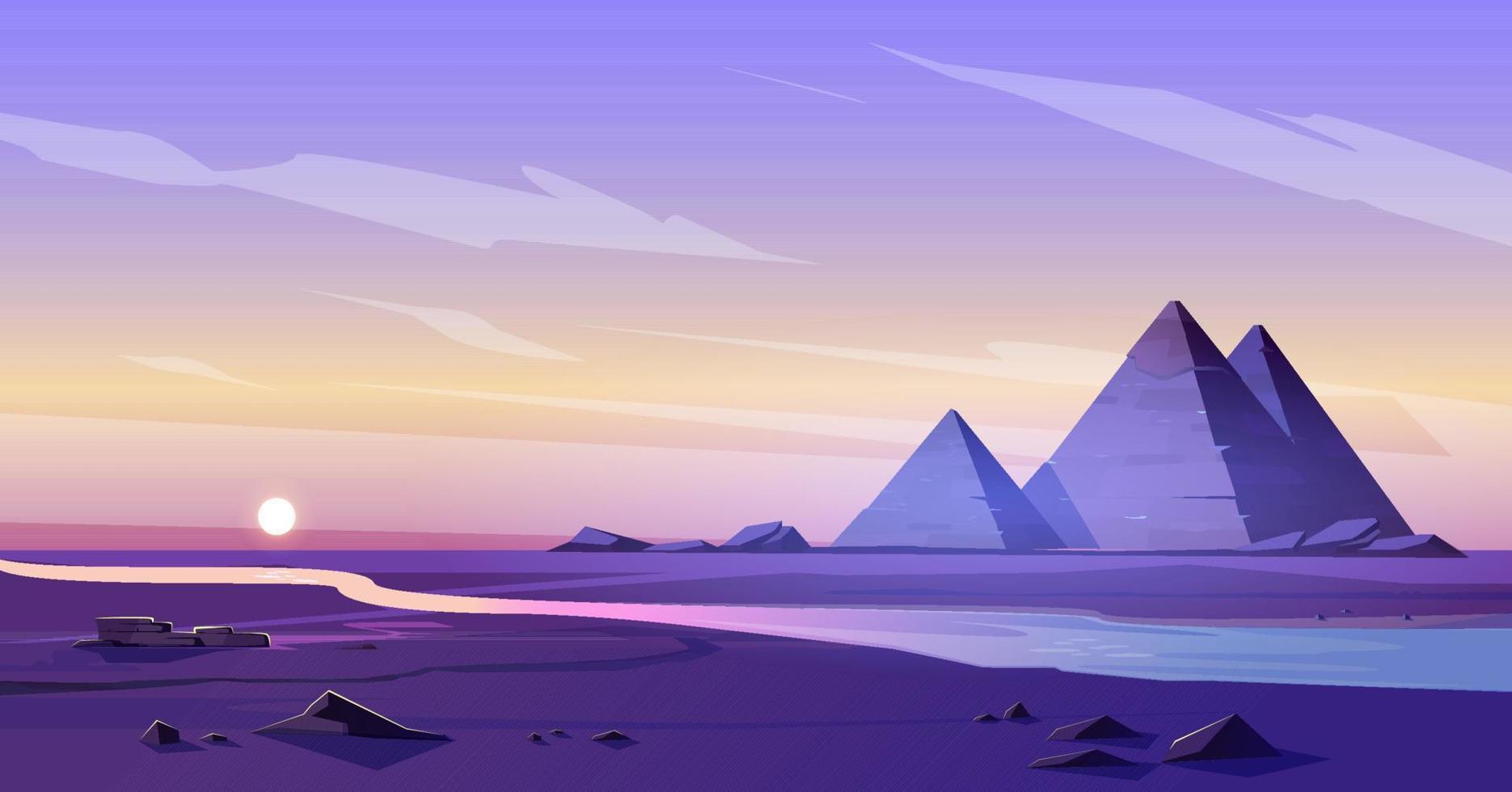 pirámides de egipto y río nilo en el desierto al atardecer. vector