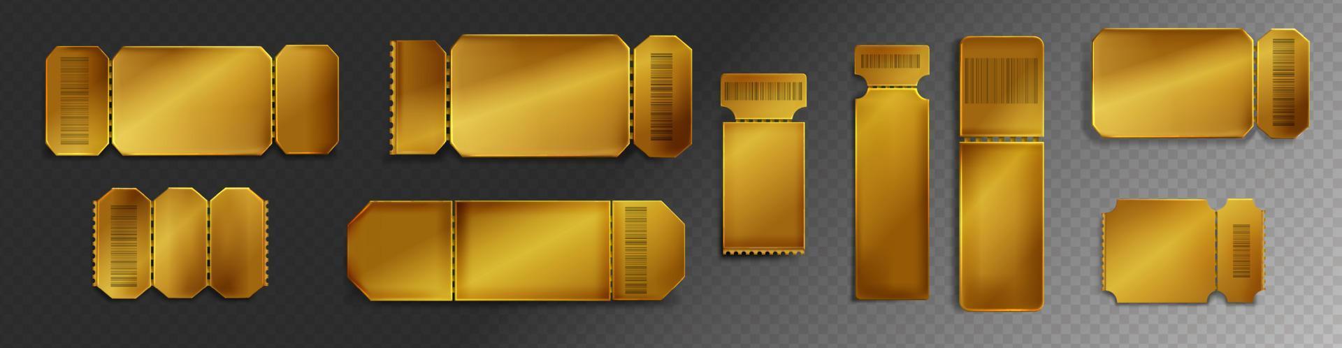 Mockup of golden tickets to movie theater, concert vector