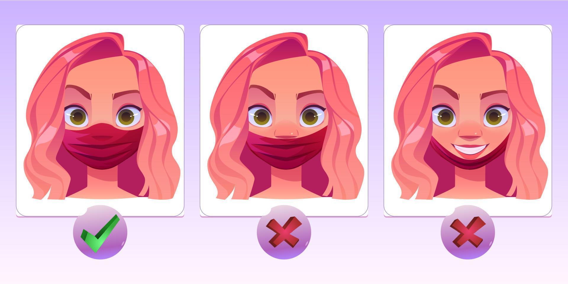 Woman wearing facemask wrong and correct way. vector