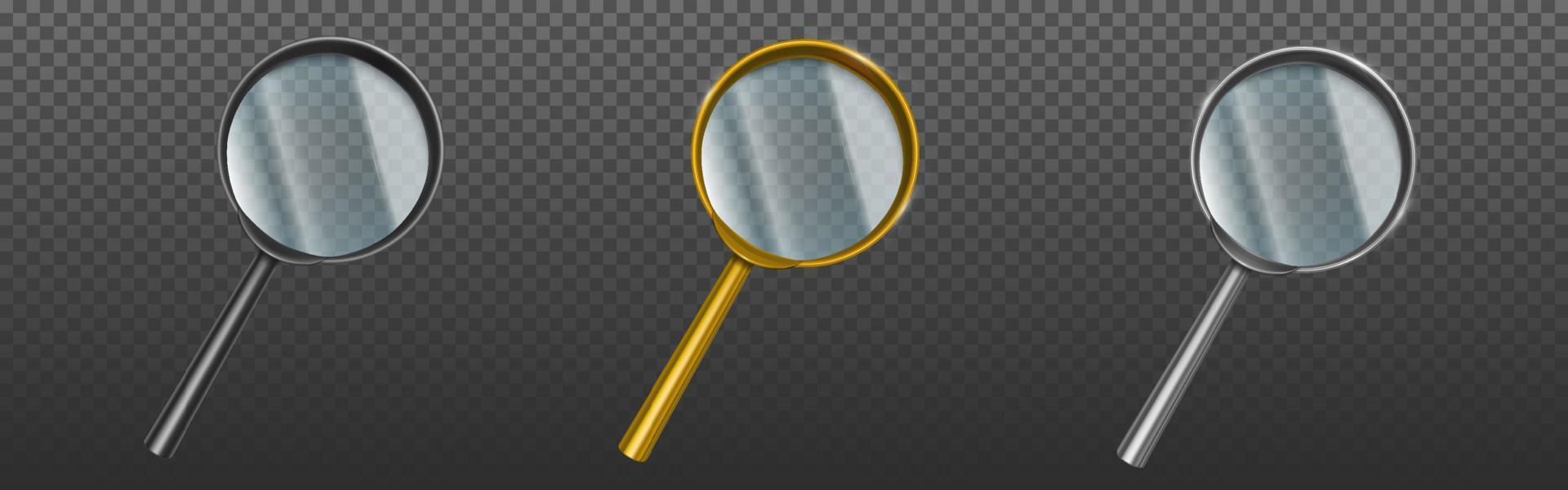 Magnifying glasses, golden, silver and black loupe vector
