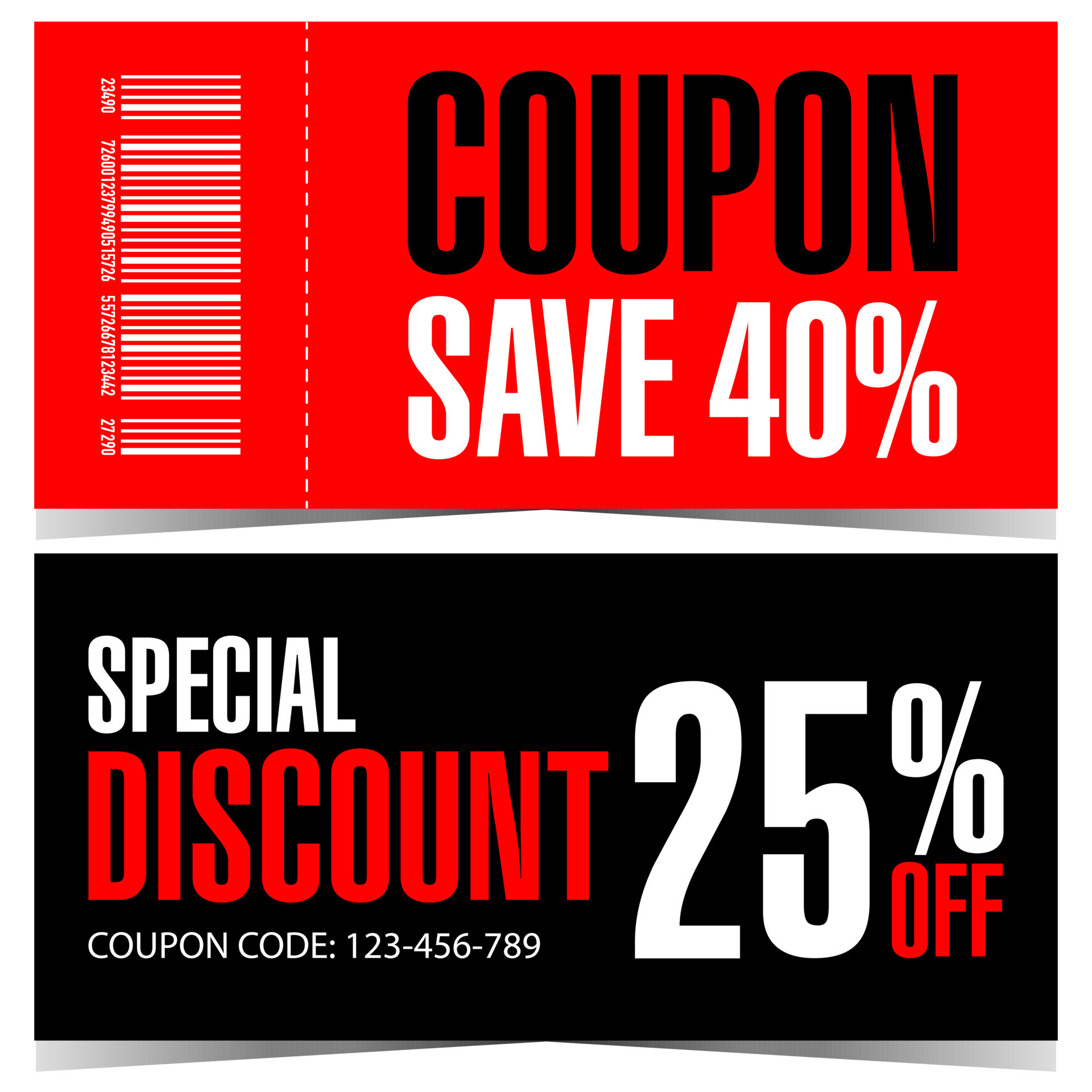 Discount coupon to save money. Special discount of 25 or 40 percent