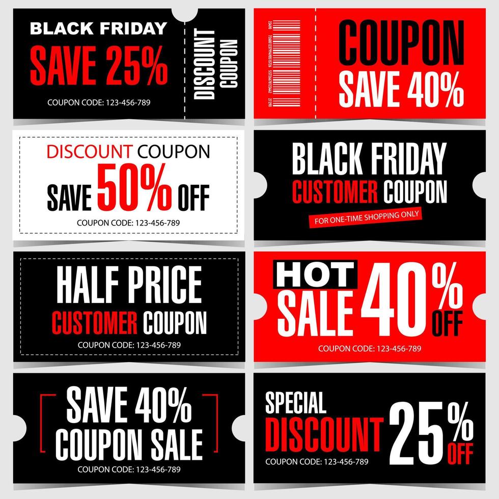 Set of vector coupons, vouchers and certificates for discount special offer, hot sale shopping, Black Friday, holiday price discount promotion and marketing, gift card to save money. Ready to print.