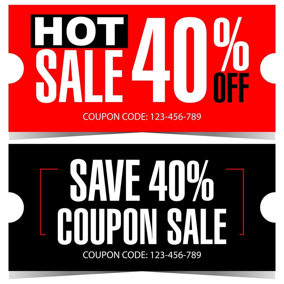 Discount coupon to save money during sale and Black Friday. Discount gift card, gift voucher or shopping certificate to save 40 percent of price with white text on red or black background. vector