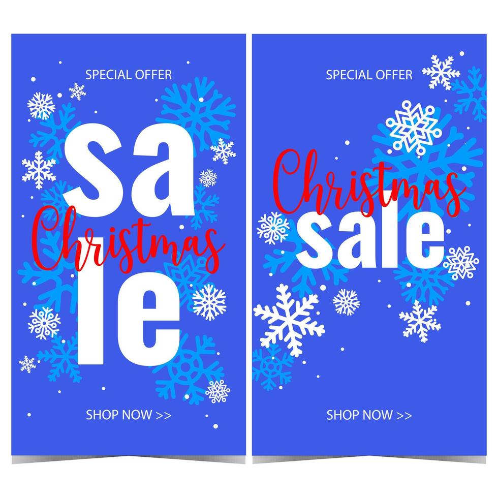 Vector Christmas sale banner with white snowflakes on blue background. Poster, leaflet, flyer or booklet for Christmas sale promotion during December shopping season and winter holidays celebration.