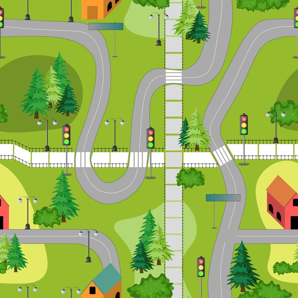 Seamless pattern with small cute town map. Houses, trees, roads. Colorful vector illustration.