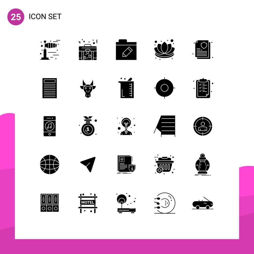 Pack of 25 creative Solid Glyphs of education document rename insurance policy lotus Editable Vector Design Elements