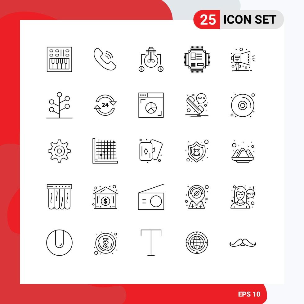 25 User Interface Line Pack of modern Signs and Symbols of announcement processor bulb microchip chip Editable Vector Design Elements