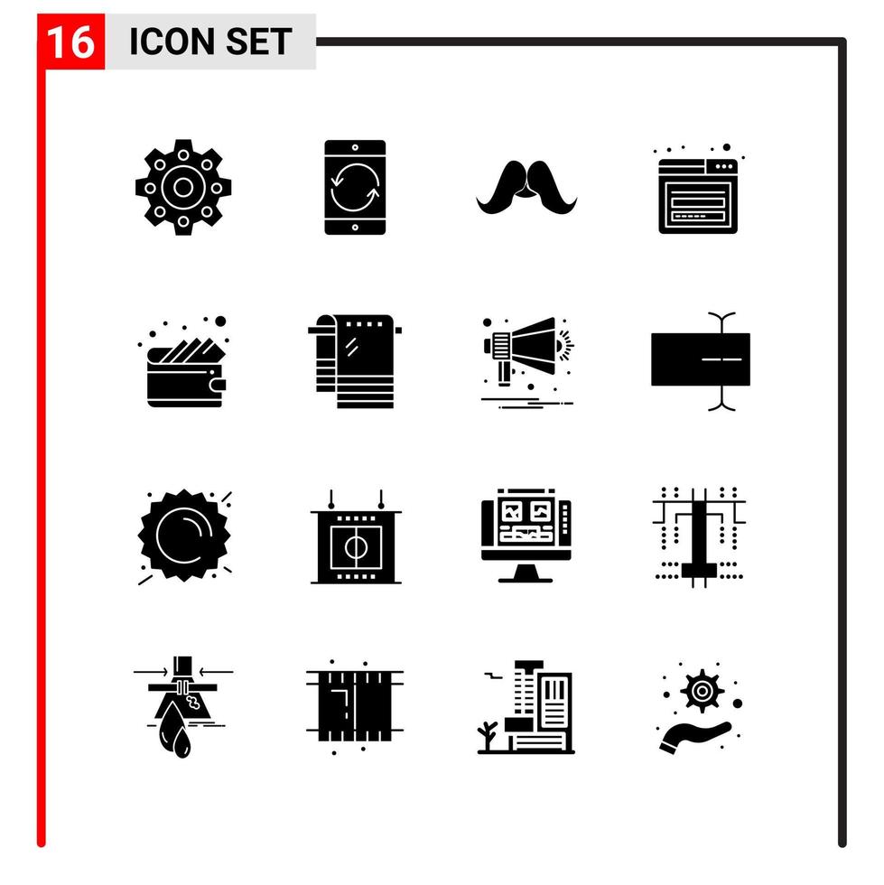 16 General Icons for website design print and mobile apps. 16 Glyph Symbols Signs Isolated on White Background. 16 Icon Pack. vector