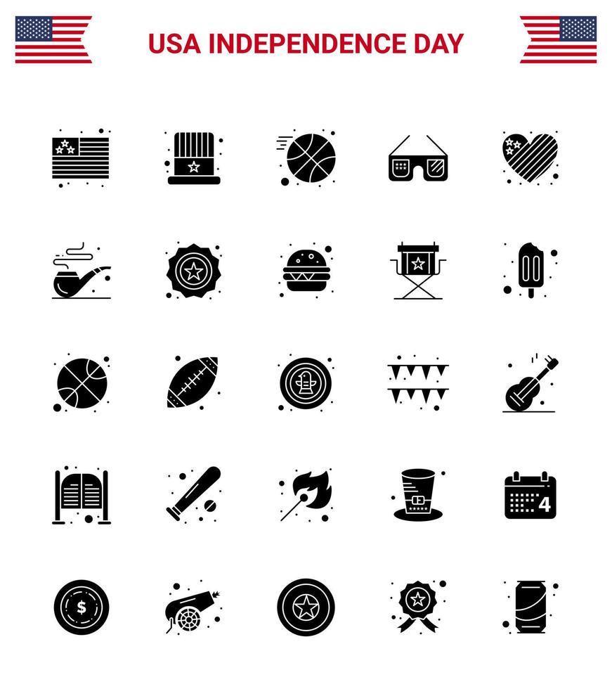 Pack of 25 USA Independence Day Celebration Solid Glyph Signs and 4th July Symbols such as love flag ball american imerican Editable USA Day Vector Design Elements