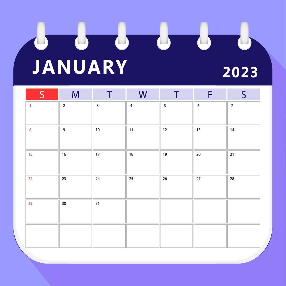 January 2023 calendar planner template. Vector design.