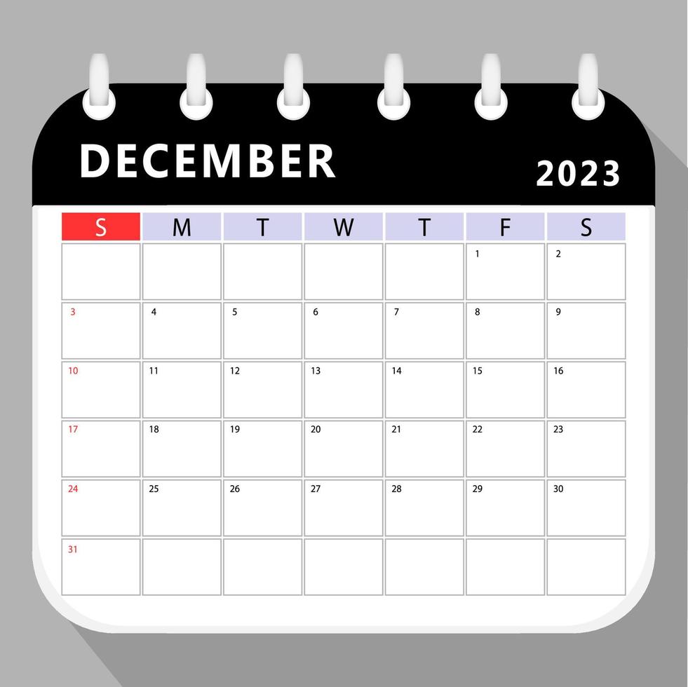 December 2023 calendar planner template. Vector design.