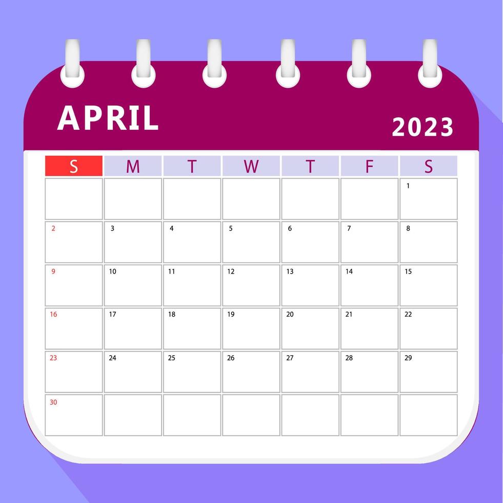 April 2023 calendar planner template. Vector design.