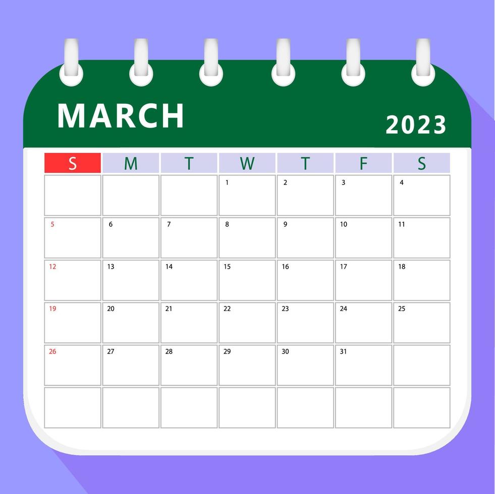 March 2023 calendar planner template. Vector design.