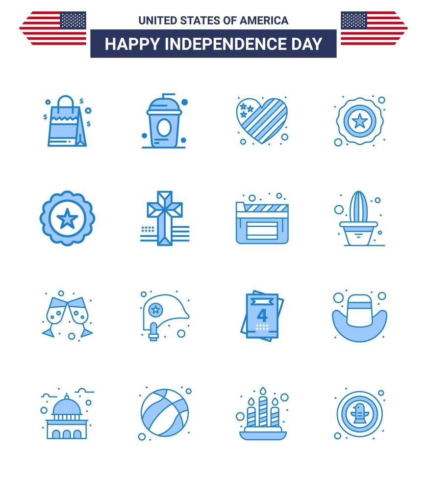 Pack of 16 USA Independence Day Celebration Blues Signs and 4th July Symbols such as drink usa independece star love Editable USA Day Vector Design Elements