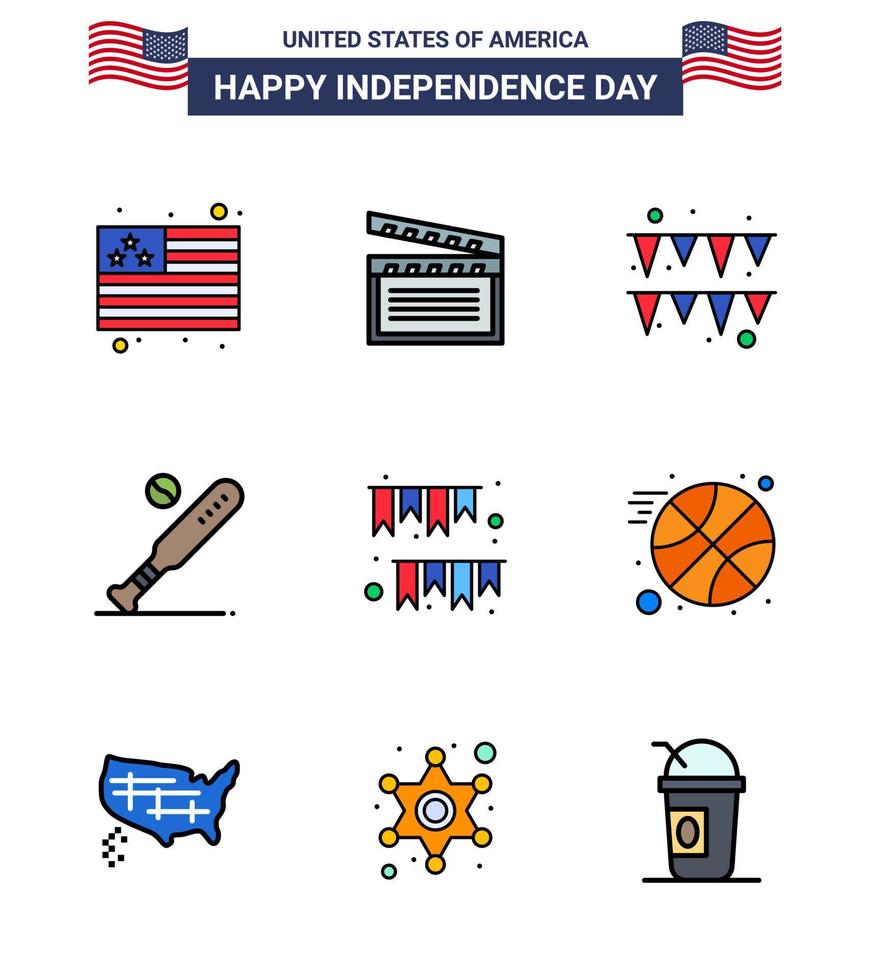 Flat Filled Line Pack of 9 USA Independence Day Symbols of buntings american day garland usa bat Editable USA Day Vector Design Elements