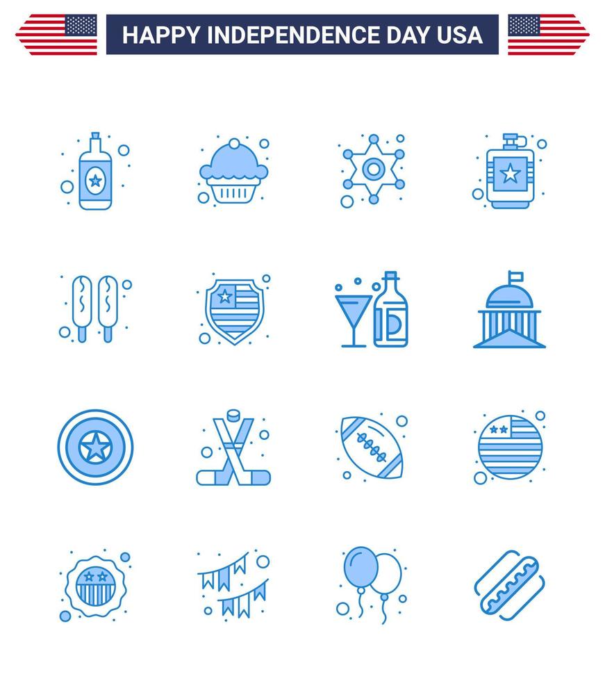 16 Blue Signs for USA Independence Day food corn dog star liquid flask Editable USA Day Vector Design Elements