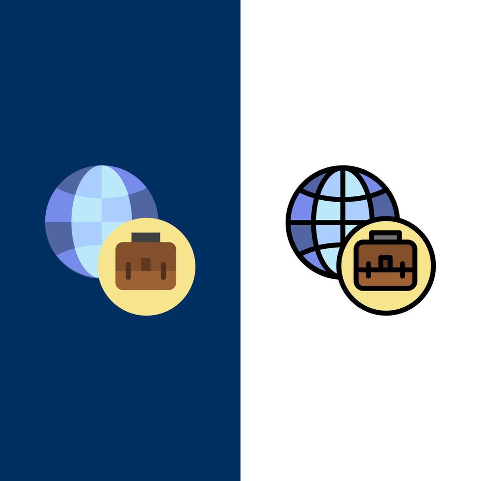 iconos de negocios internacionales planos y llenos de línea conjunto de iconos vector fondo azul