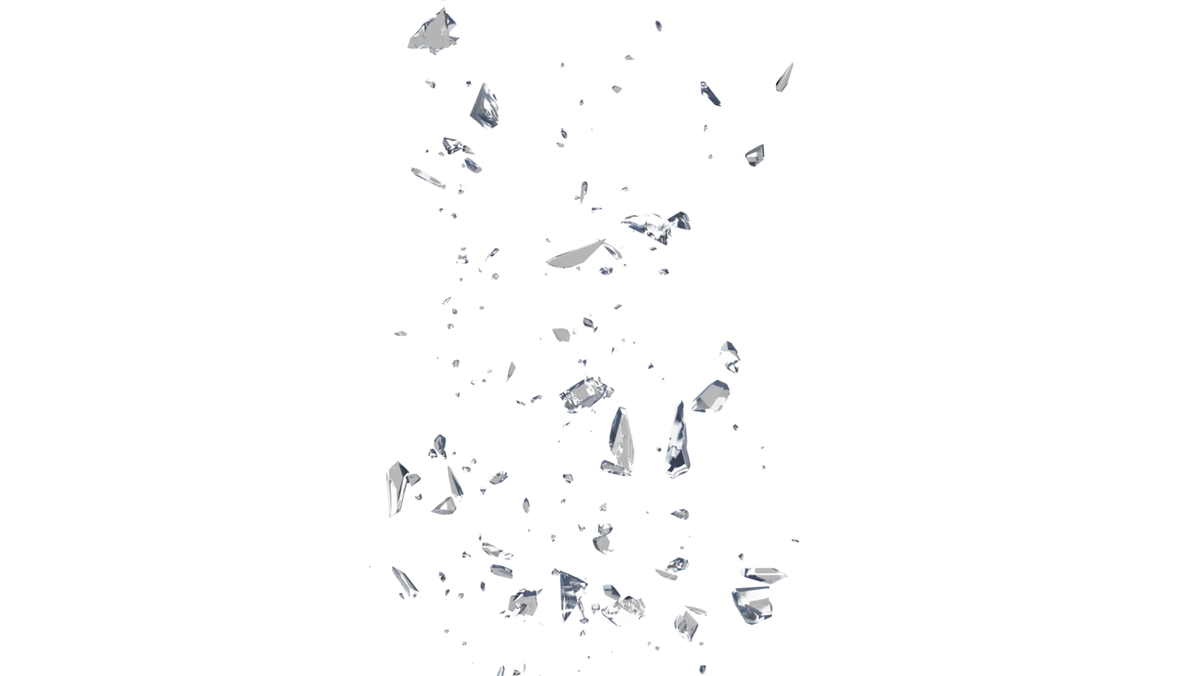 Glass mirror breaked shatter with debris super slow motion. Macro camera 3d illustration. png