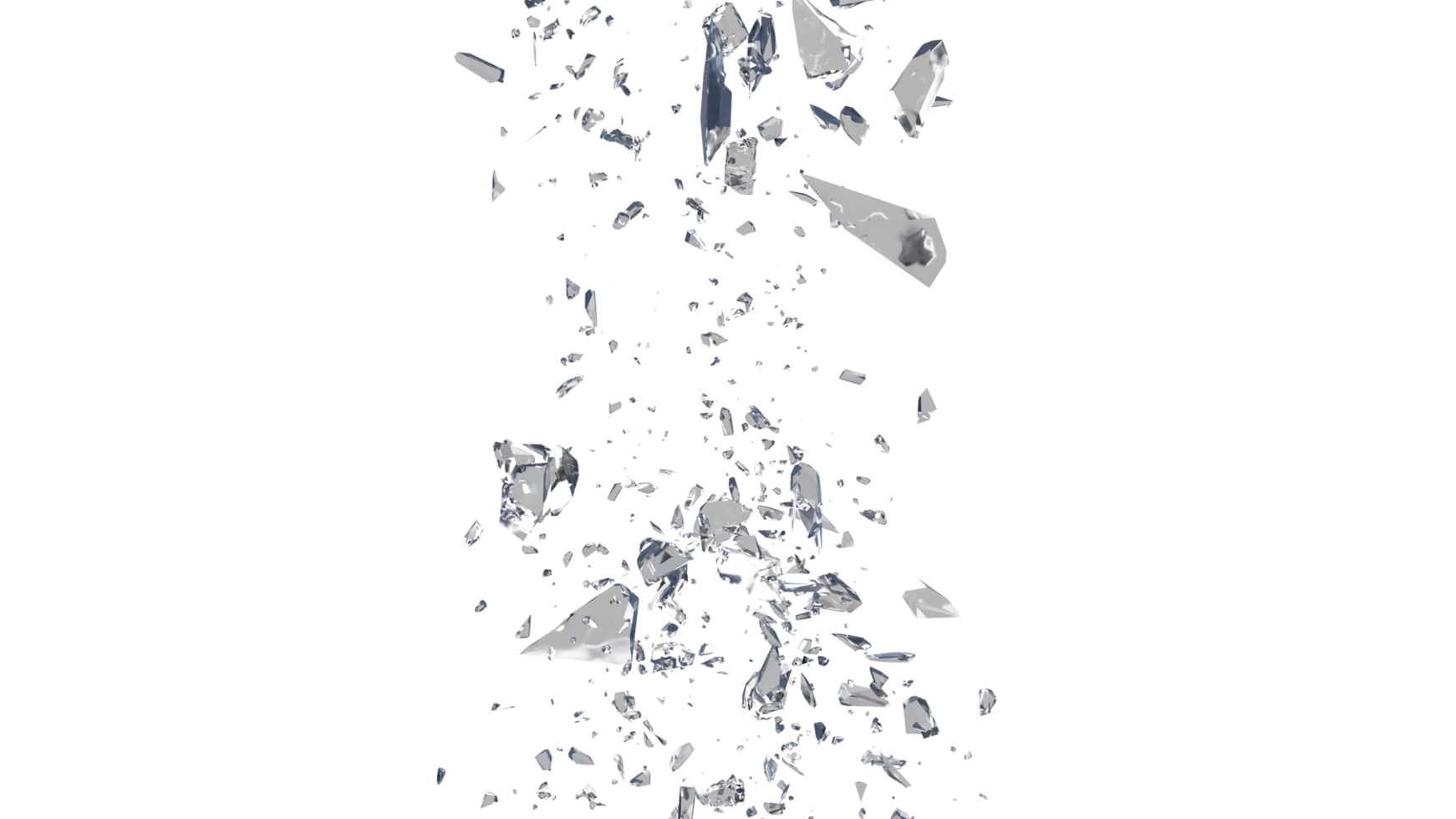 Glass mirror breaked shatter with debris super slow motion. Macro camera 3d illustration. png