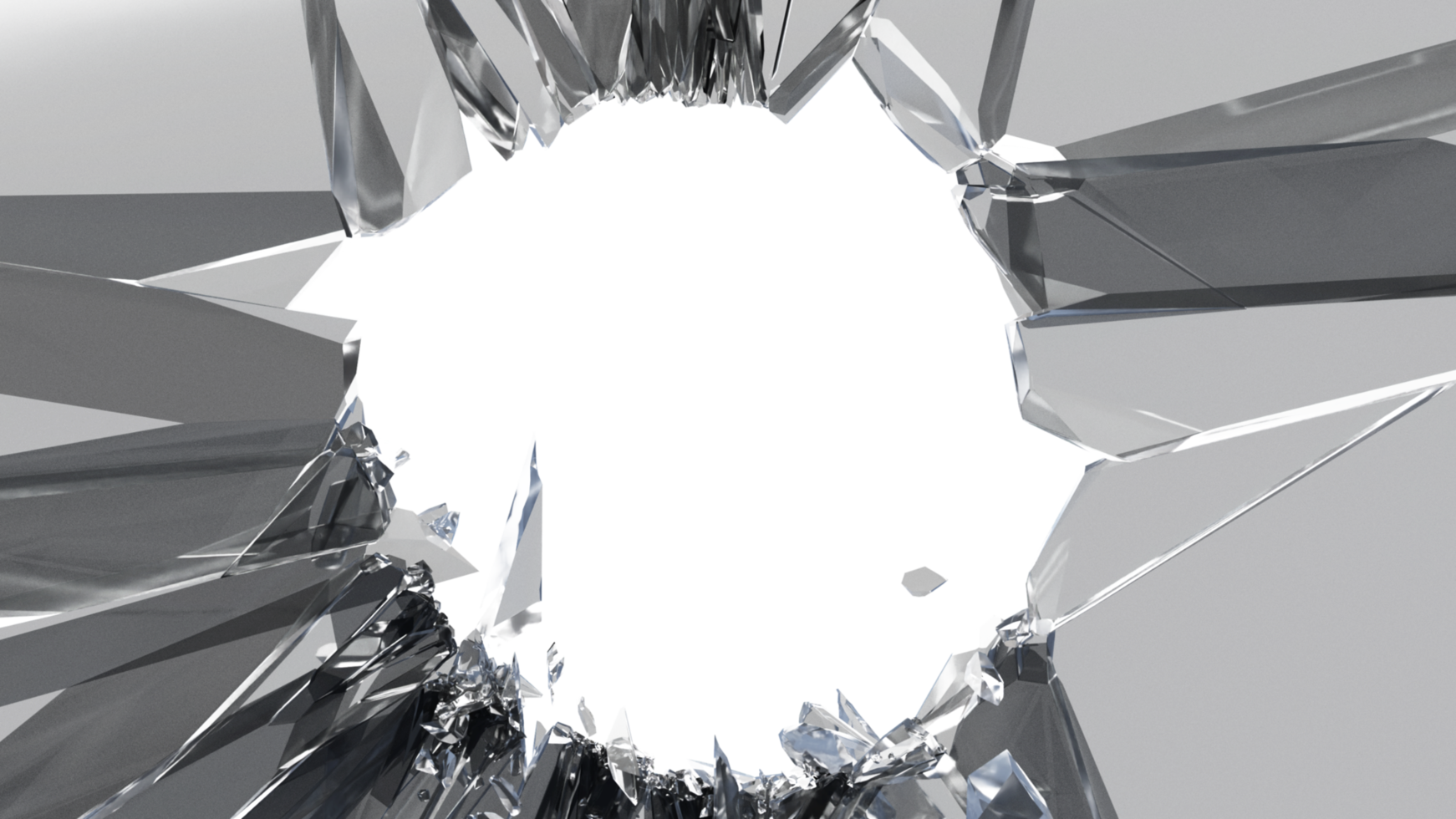 Glass mirror breaked shatter with debris super slow motion. Macro camera 3d illustration. png