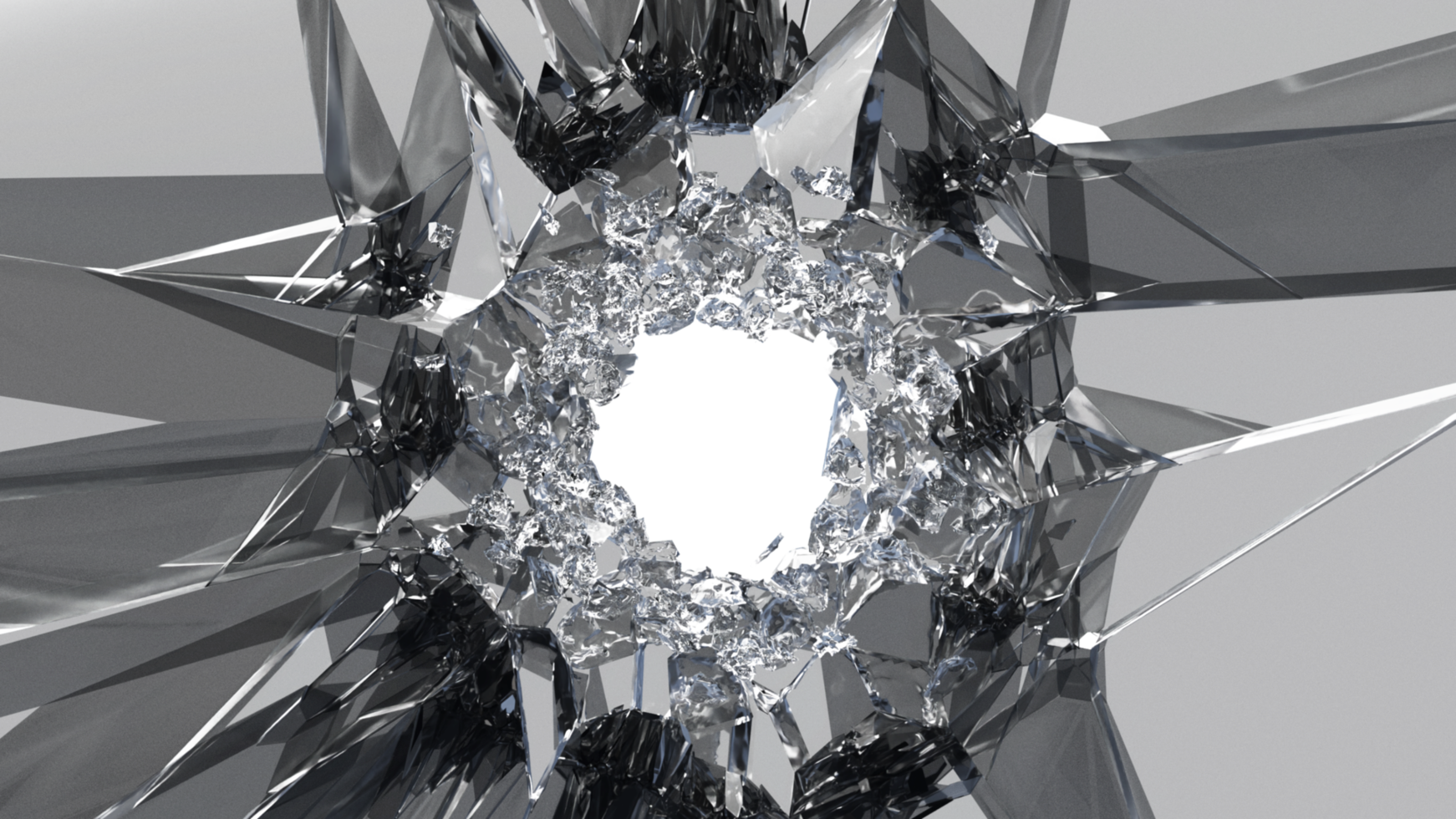 Glass mirror breaked shatter with debris super slow motion. Macro camera 3d illustration. png