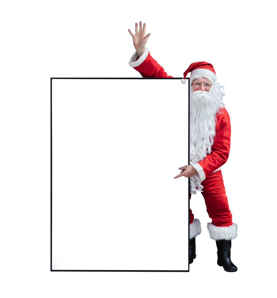 santa claus está sosteniendo y señalando el cartel blanco en blanco para la venta de promociones de temporada y el anuncio del tablero de anuncios aislado en un fondo transparente para uso comercial png