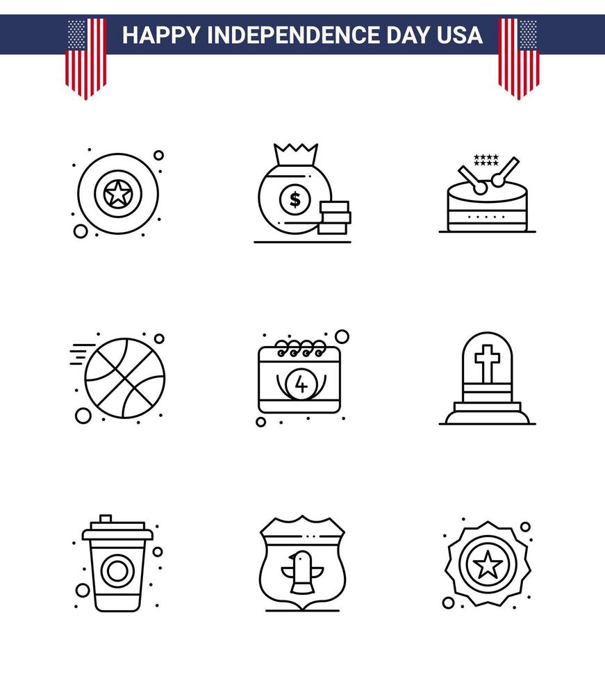 Group of 9 Lines Set for Independence day of United States of America such as day calendar instrument american ball Editable USA Day Vector Design Elements