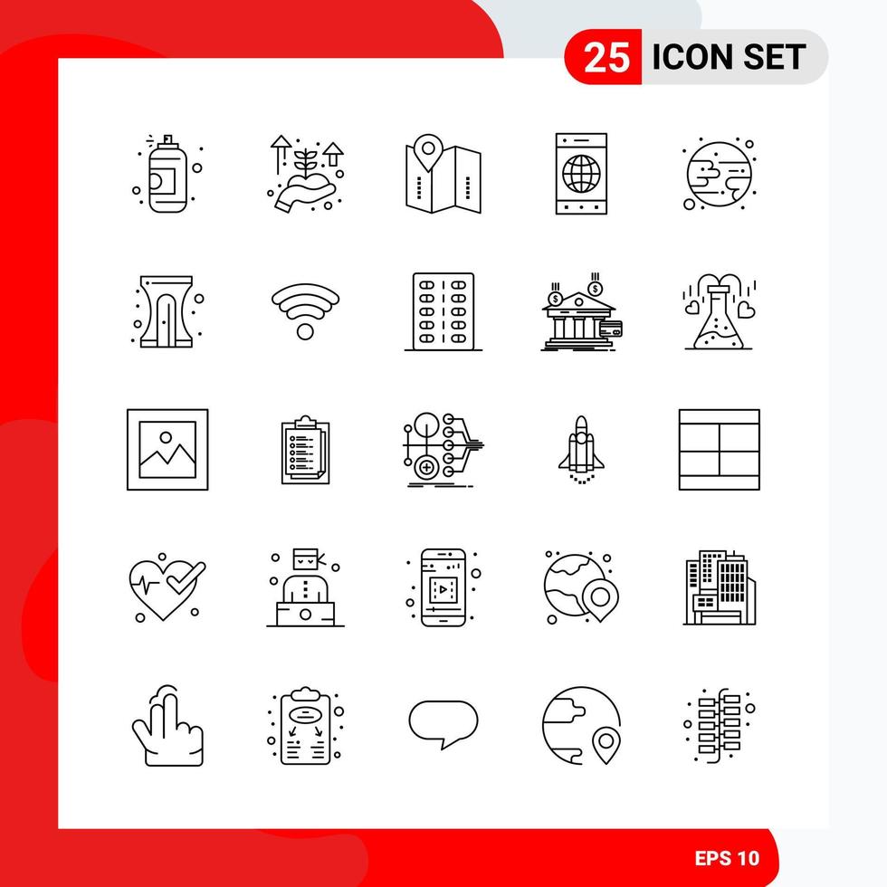 conjunto creativo de 25 iconos de contorno universal aislados sobre fondo blanco. vector