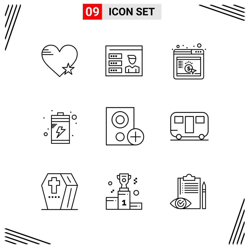 Estilo de línea de 9 iconos. símbolos de esquema creativos basados en cuadrículas para el diseño de sitios web. signos de icono de línea simple aislados en fondo blanco. 9 conjunto de iconos. vector