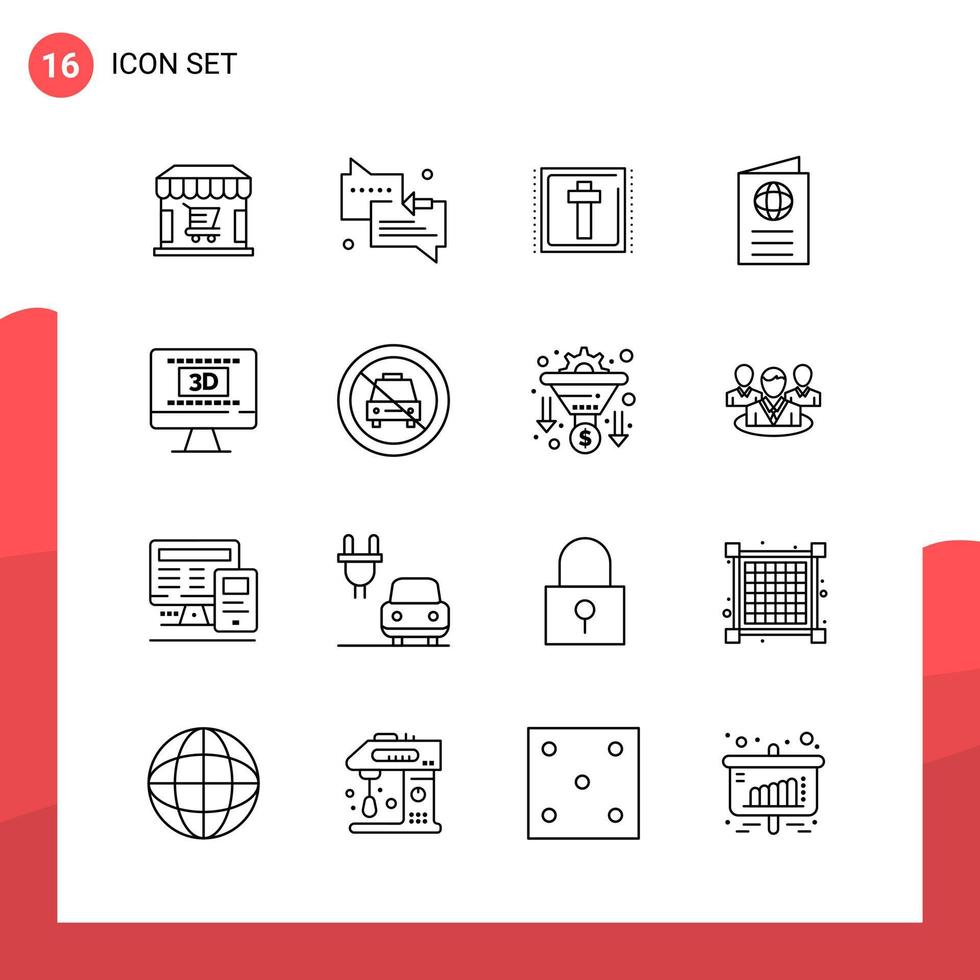 paquete de 16 iconos de contorno universal para medios impresos sobre fondo blanco. vector