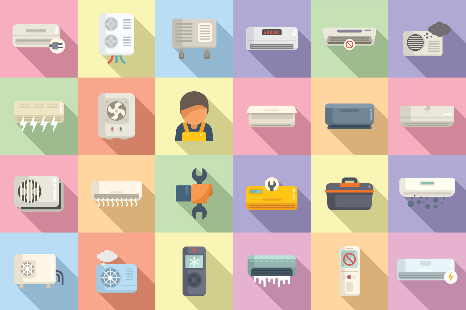 Repair air conditioner icons set flat vector. Install hvac 15120746