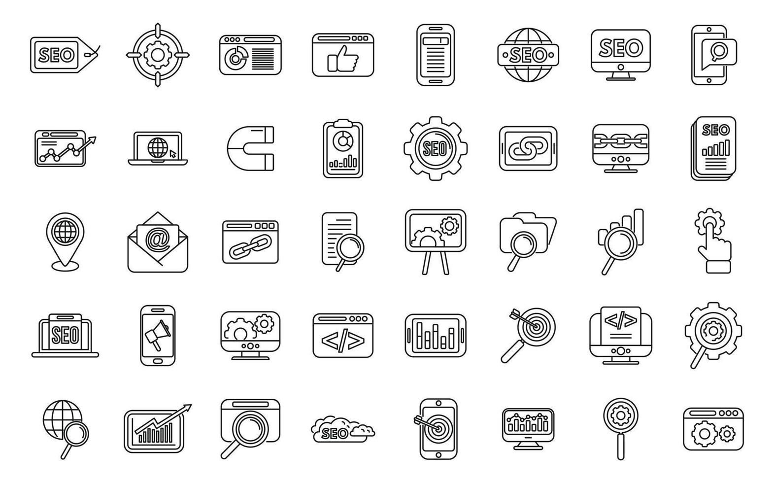 Search engine optimization icons set outline vector. Search global vector
