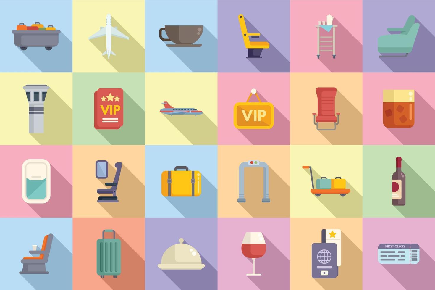 First class travel icons set flat vector. Airplane service vector