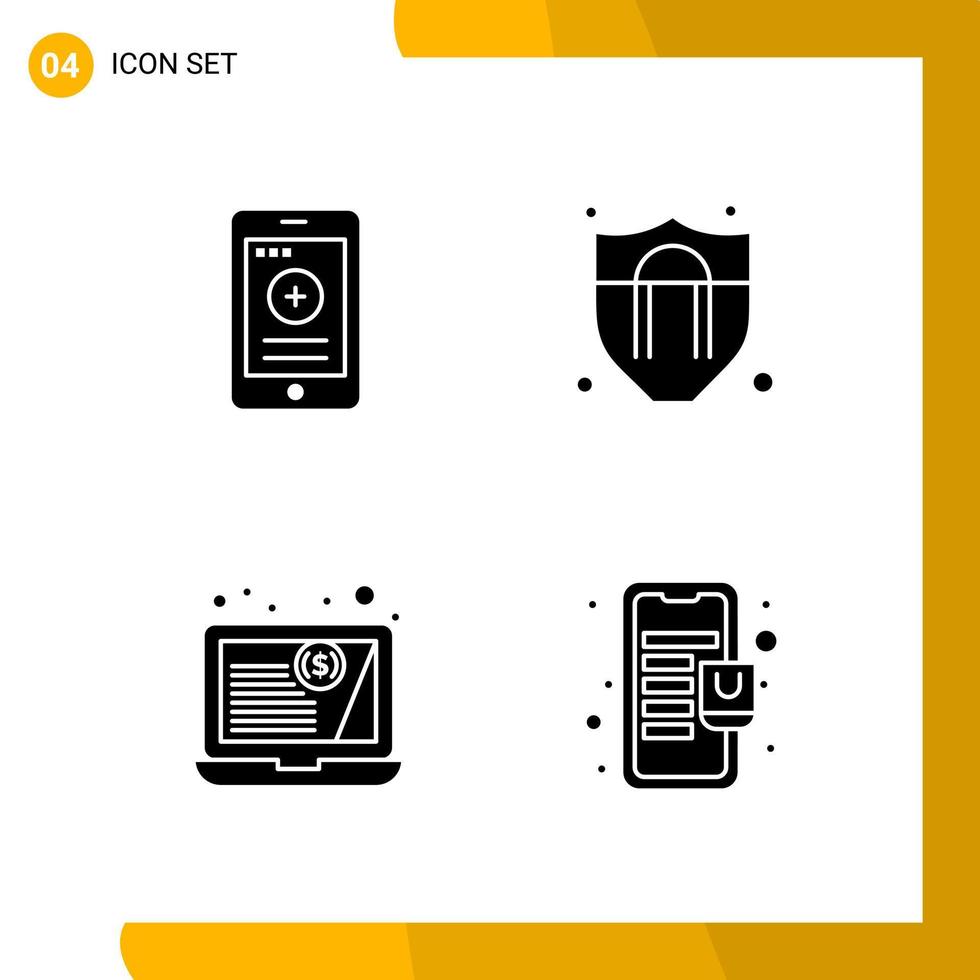 4 Icon Set. Solid Style Icon Pack. Glyph Symbols isolated on White Backgound for Responsive Website Designing. vector