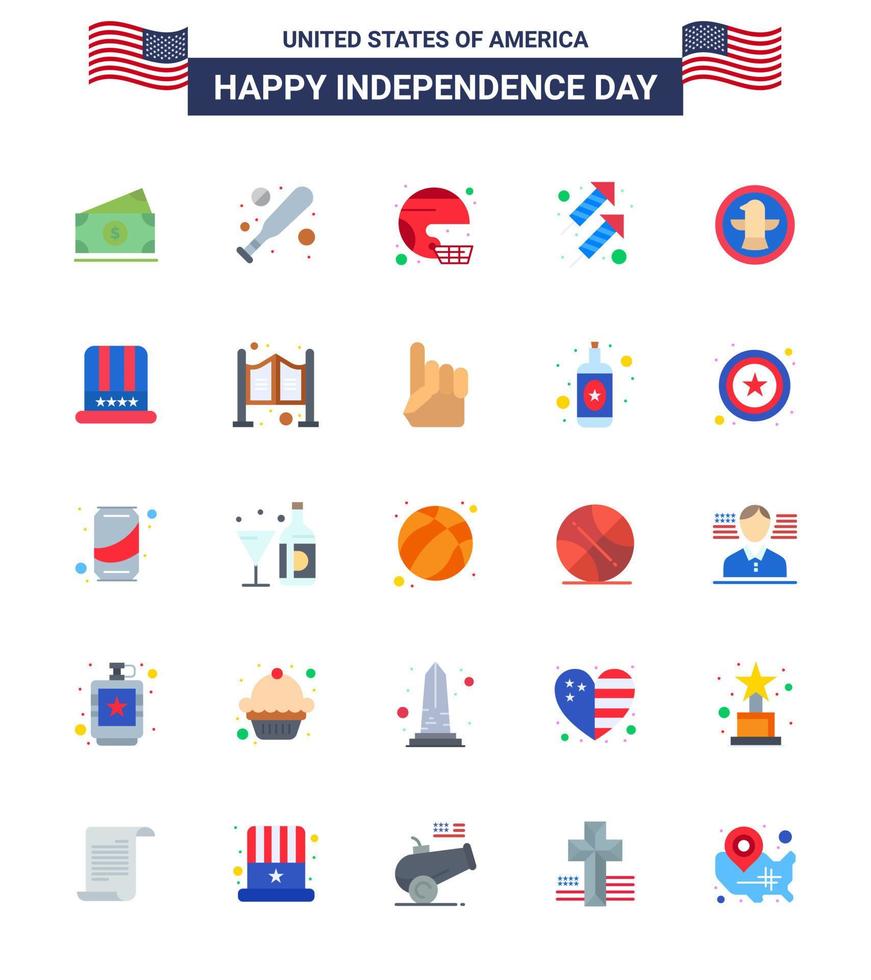 paquete de 25 letreros planos de celebración del día de la independencia de EE. UU. Y símbolos del 4 de julio, como el fuego de fútbol americano de fuegos artificiales, elementos de diseño vectorial editables del día de EE. UU. vector