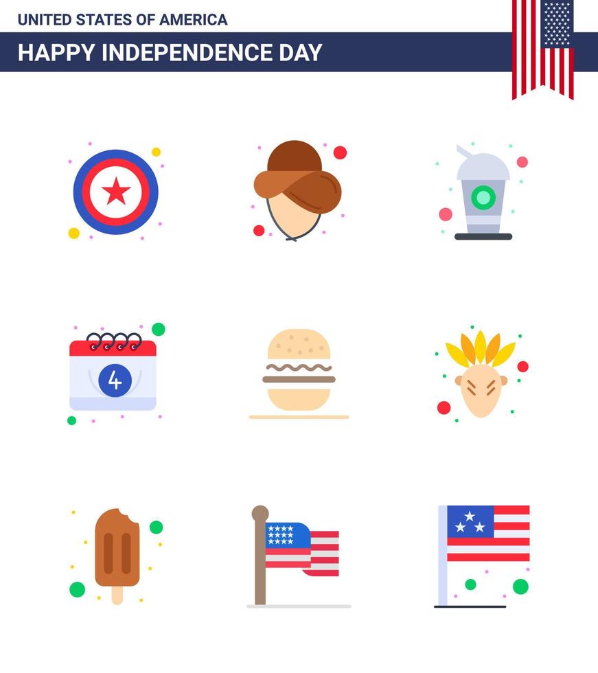 Set of 9 Modern Flats pack on USA Independence Day usa eat drink burger date Editable USA Day Vector Design Elements