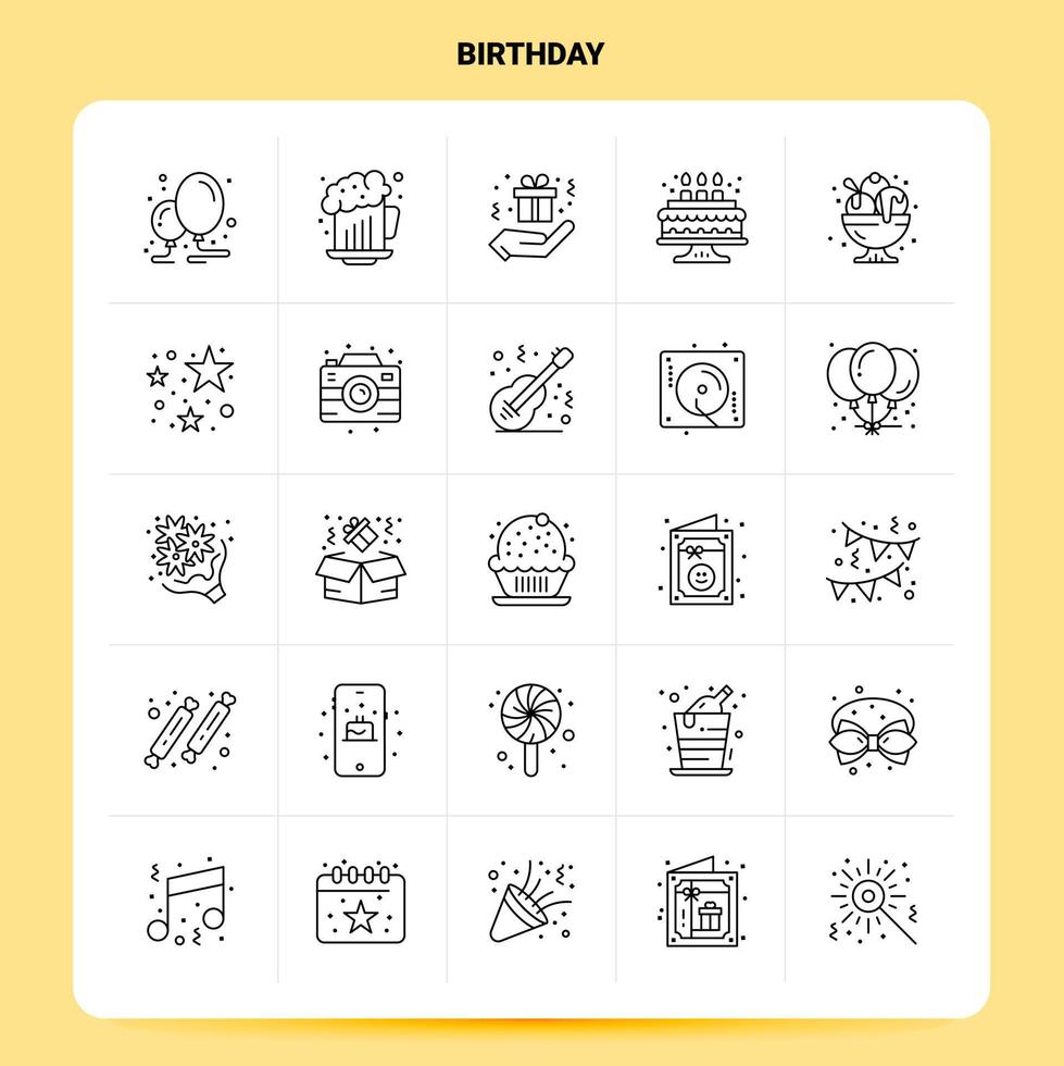 OutLine 25 Birthday Icon set Vector Line Style Design Black Icons Set Linear pictogram pack Web and Mobile Business ideas design Vector Illustration