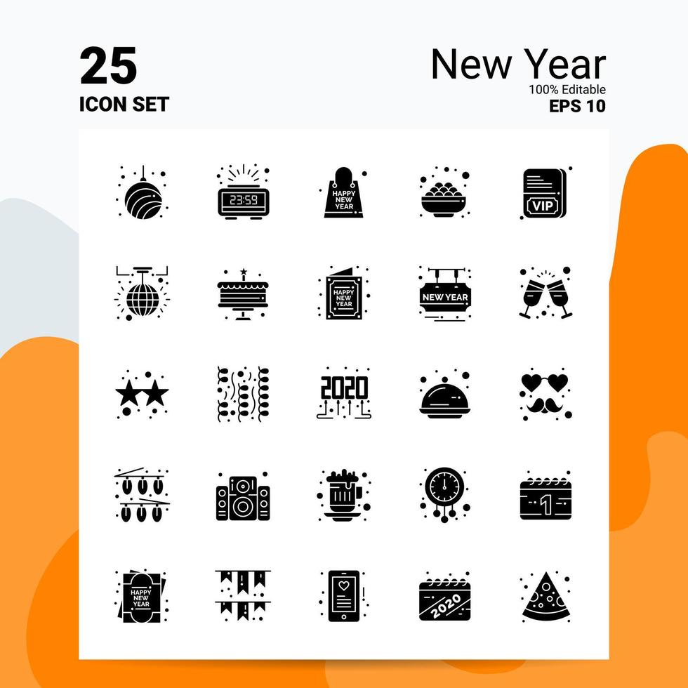 25 New Year Icon Set 100 Editable EPS 10 Files Business Logo Concept Ideas Solid Glyph icon design vector