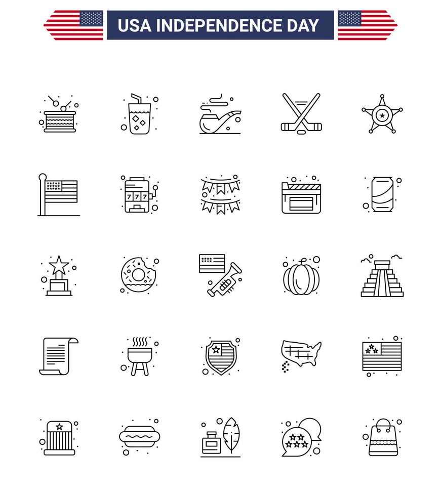 USA Independence Day Line Set of 25 USA Pictograms of police american wine sport hokey Editable USA Day Vector Design Elements