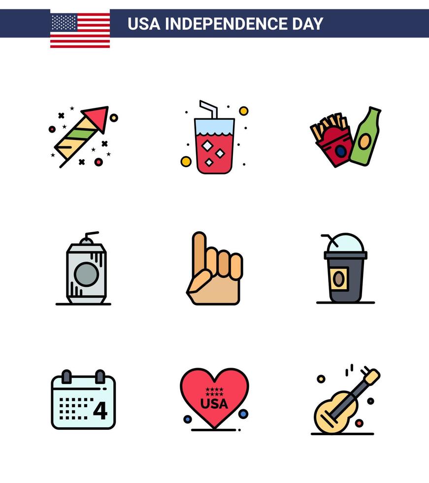 Set of 9 USA Day Icons American Symbols Independence Day Signs for usa foam hand bottle usa cola Editable USA Day Vector Design Elements