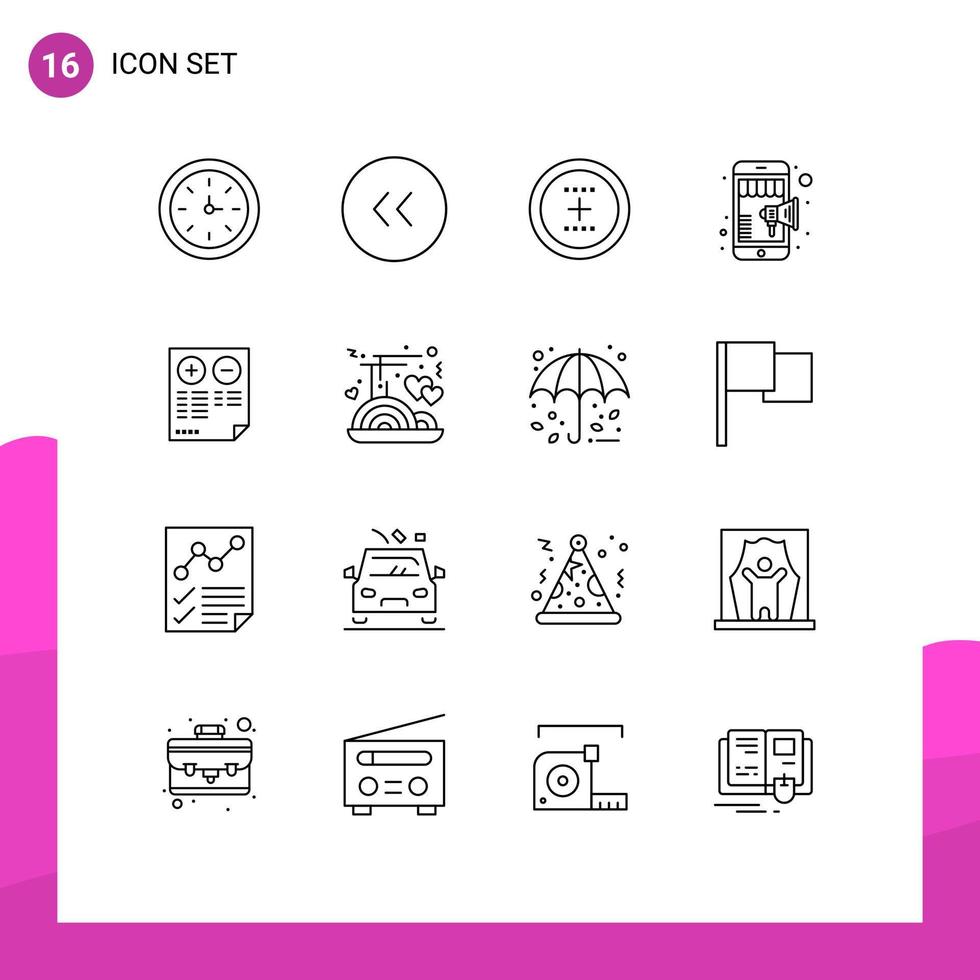 Outline Pack of 16 Universal Symbols of pros shopping add shop round Editable Vector Design Elements